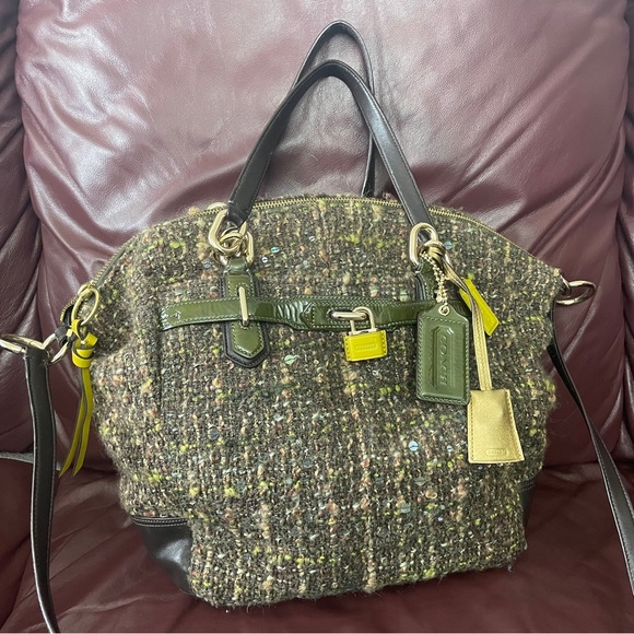 Authentic Rare COACH Chelsea Boucle Green Tweed Emerson Satchel Purse - Picture 2 of 14